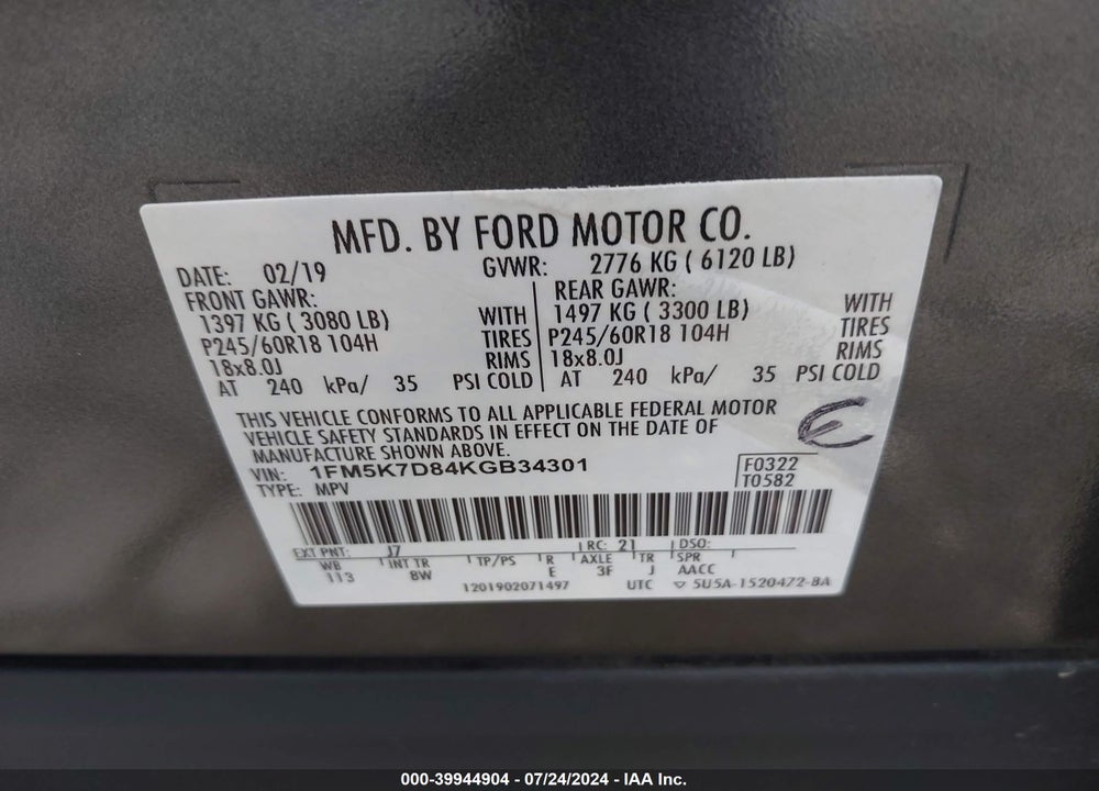 2019 FORD EXPLORER XLT VIN: 1FM5K7D84KGB34301
