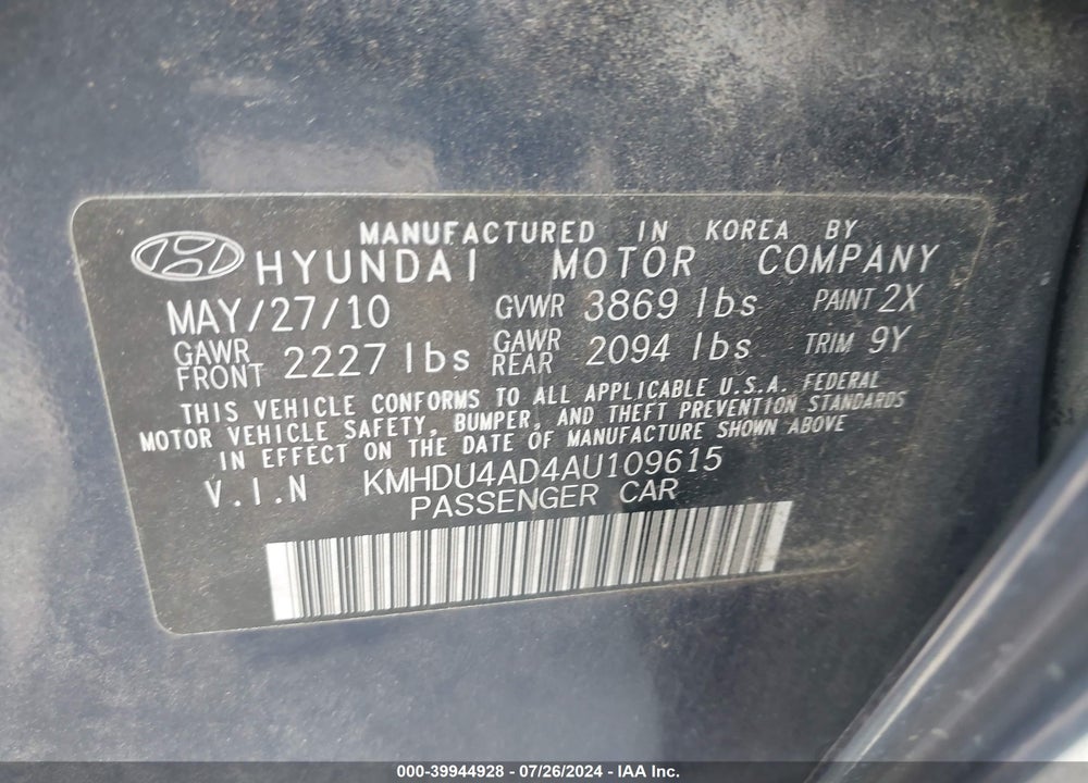 2010 HYUNDAI ELANTRA GLS VIN: KMHDU4AD4AU109615