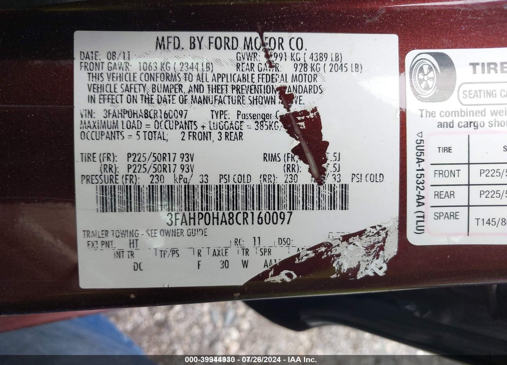 2012 FORD FUSION SE VIN: 3FAHP0HA8CR160097