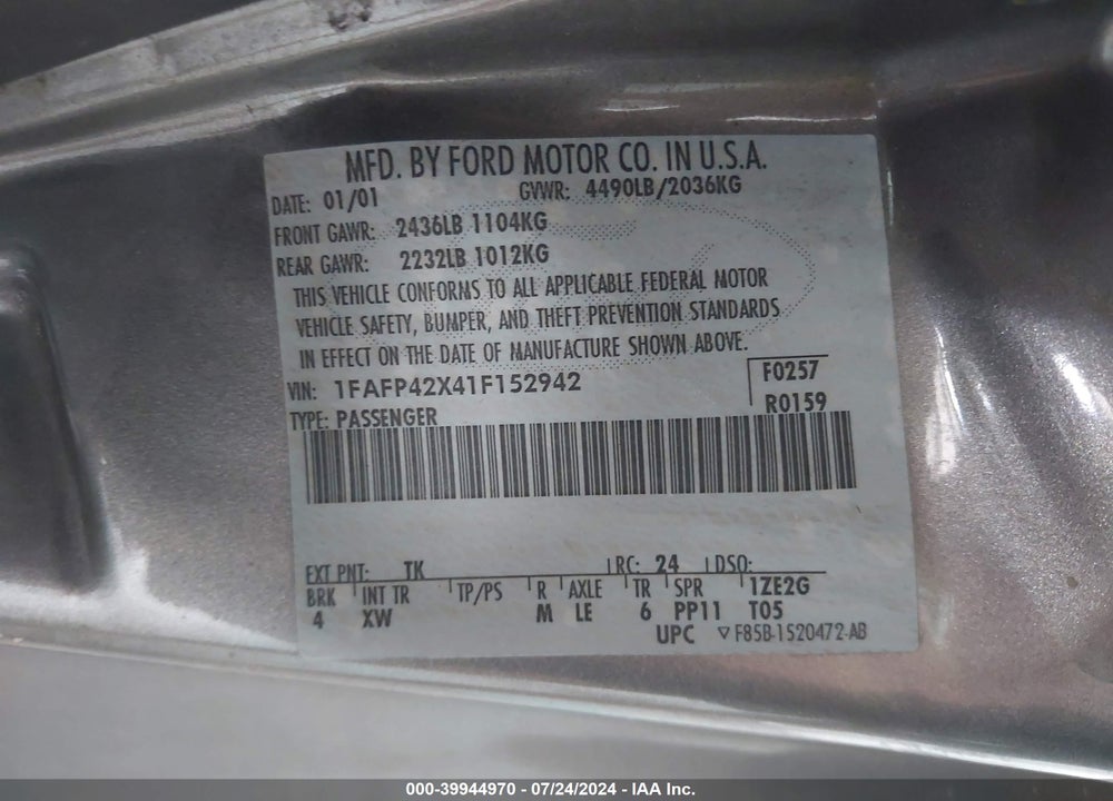 2001 FORD MUSTANG GT VIN: 1FAFP42X41F152942