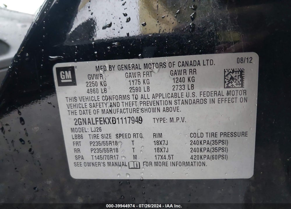 2013 CHEVROLET EQUINOX LTZ VIN: 2GNALFEKXD1117949