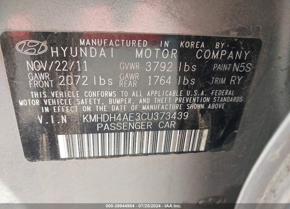 2012 HYUNDAI ELANTRA LIMITED (ULSAN PLANT) VIN: KMHDH4AE3CU373439