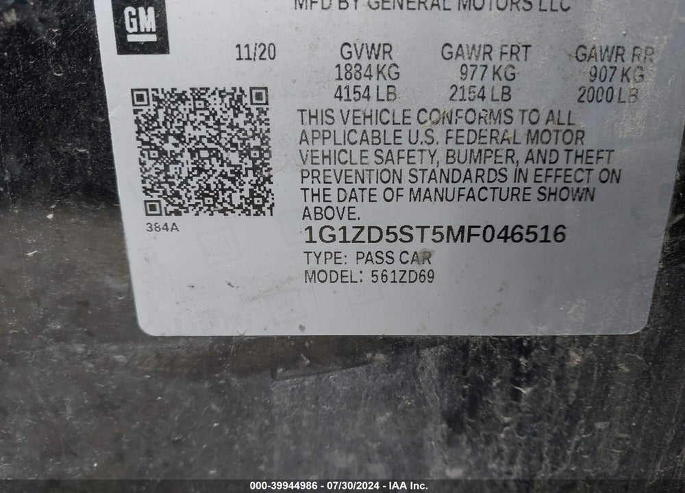 2021 CHEVROLET MALIBU VIN: 1G1ZD5ST5MF046516