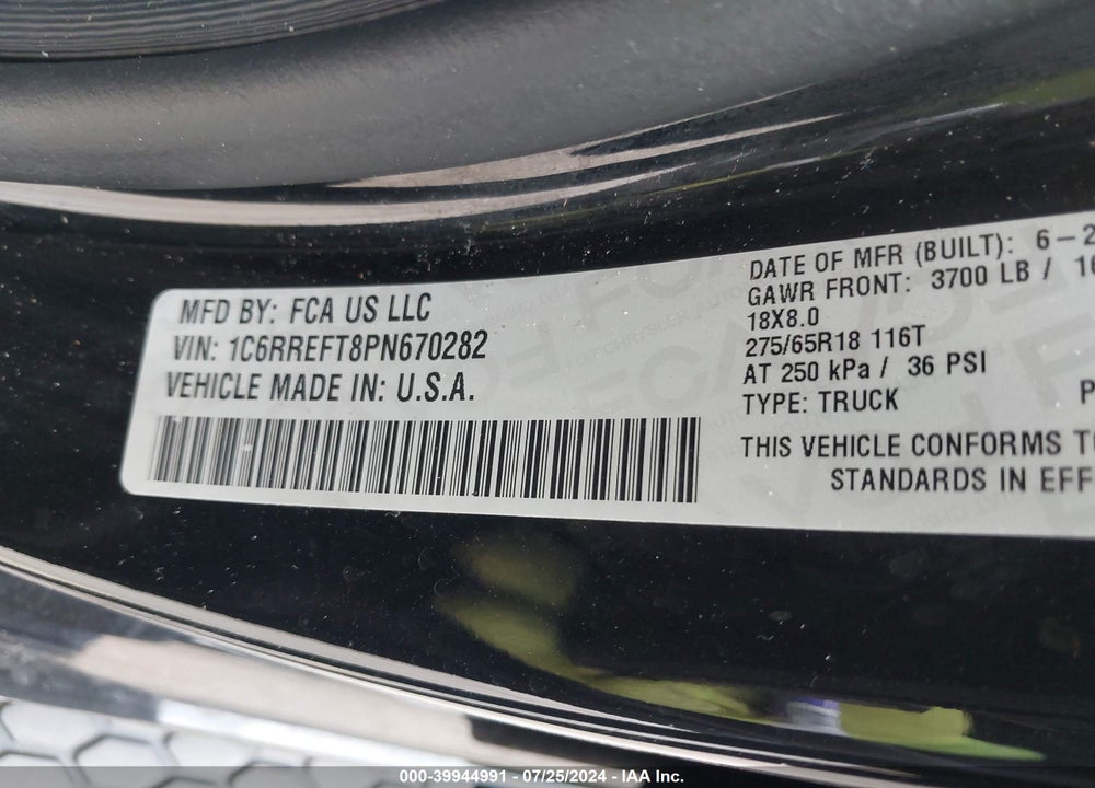 2023 RAM 1500 BIG HORN 4X2 5'7 BOX VIN: 1C6RREFT8PN670282
