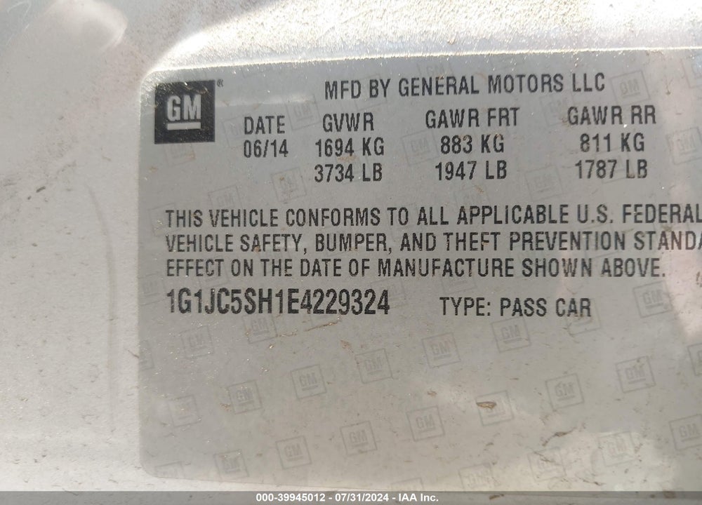 2014 CHEVROLET SONIC VIN: 1G1JC5SH1E4229324