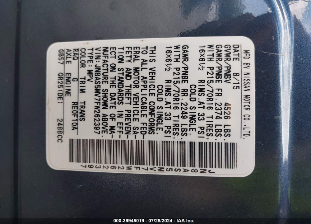 2015 NISSAN ROGUE SELECT S VIN: JN8AS5MV7FW262397
