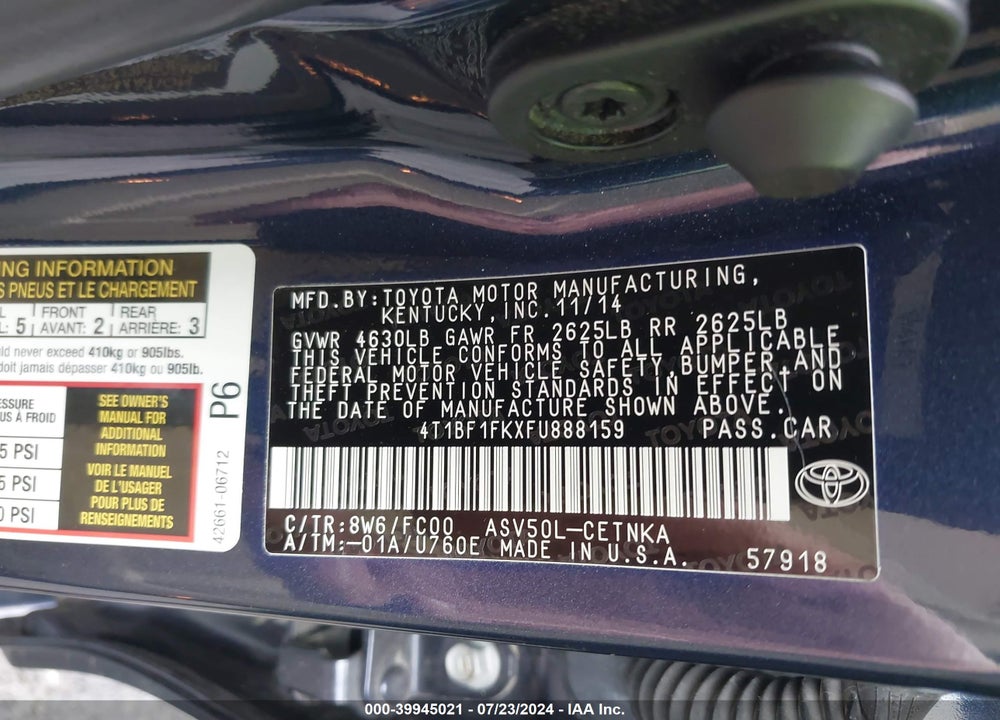 2015 TOYOTA CAMRY LE VIN: 4T1BF1FKXFU888159