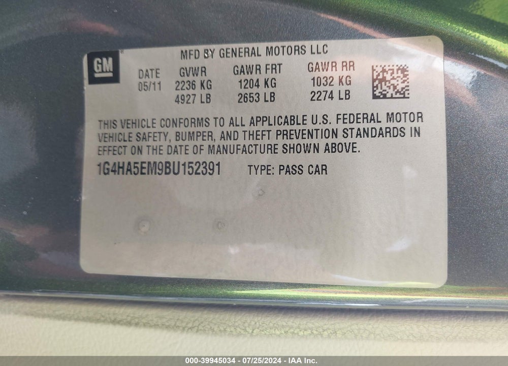 2011 BUICK LUCERNE CX VIN: 1G4HA5EM9BU152391