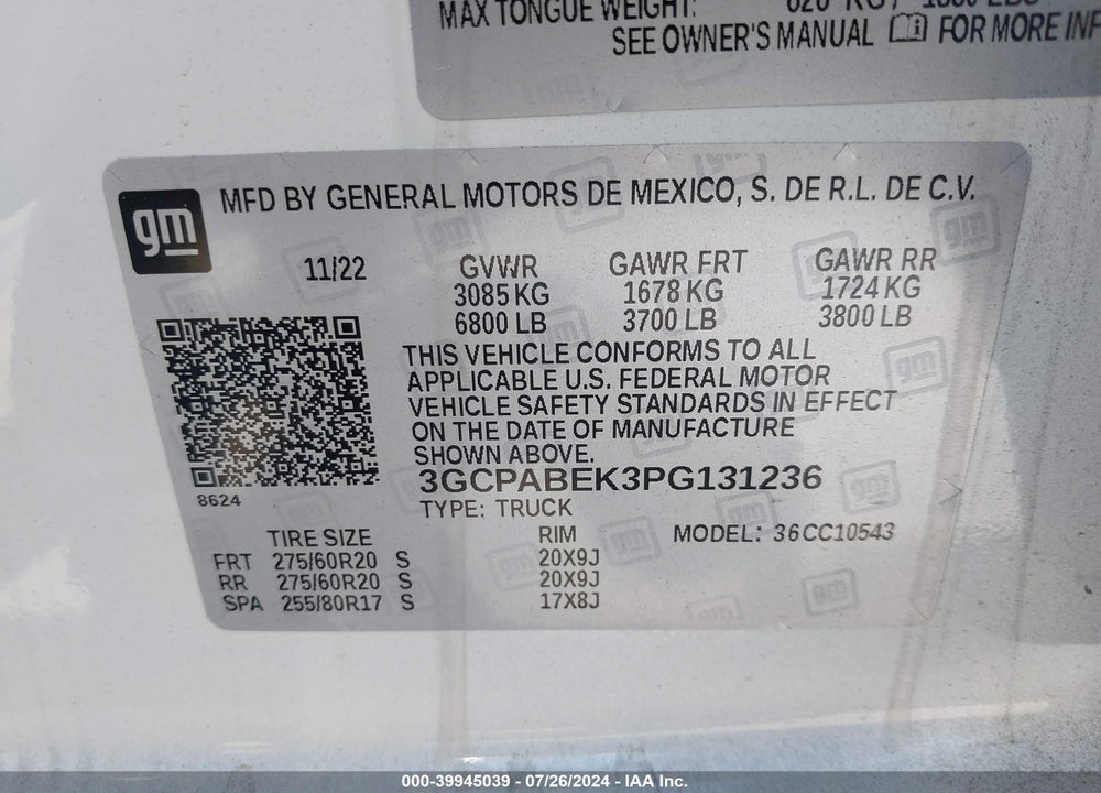 2023 CHEVROLET SILVERADO 1500 2WD SHORT BED CUSTOM VIN: 3GCPABEK3PG131236