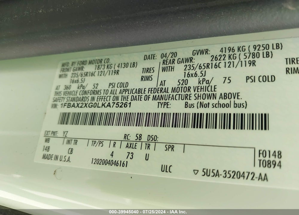 2020 FORD TRANSIT-350 PASSENGER VAN XLT VIN: 1FBAX2XG0LKA75261