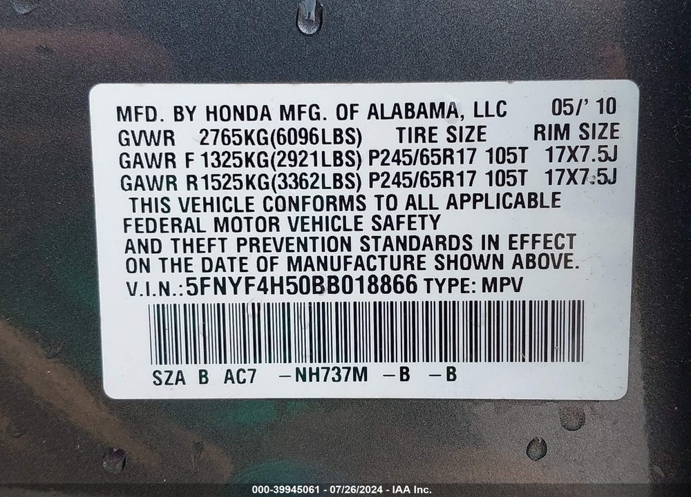 2011 HONDA PILOT EX-L VIN: 5FNYF4H50BB018866
