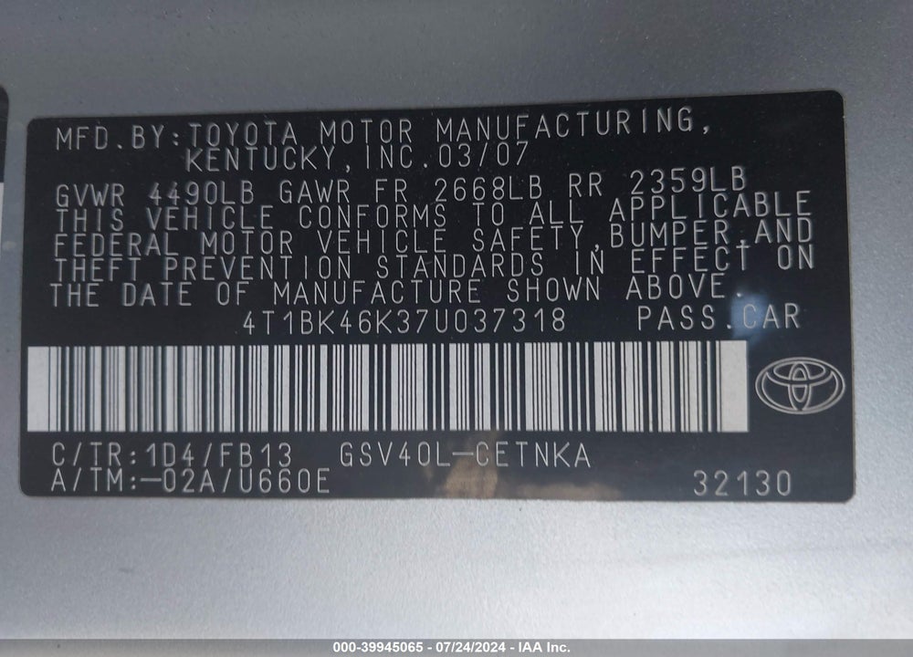 2007 TOYOTA CAMRY LE V6 VIN: 4T1BK46K37U037318