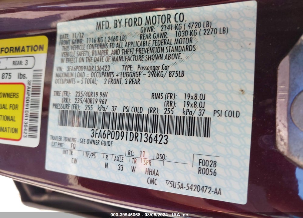 2013 FORD FUSION TITANIUM VIN: 3FA6P0D91DR136423