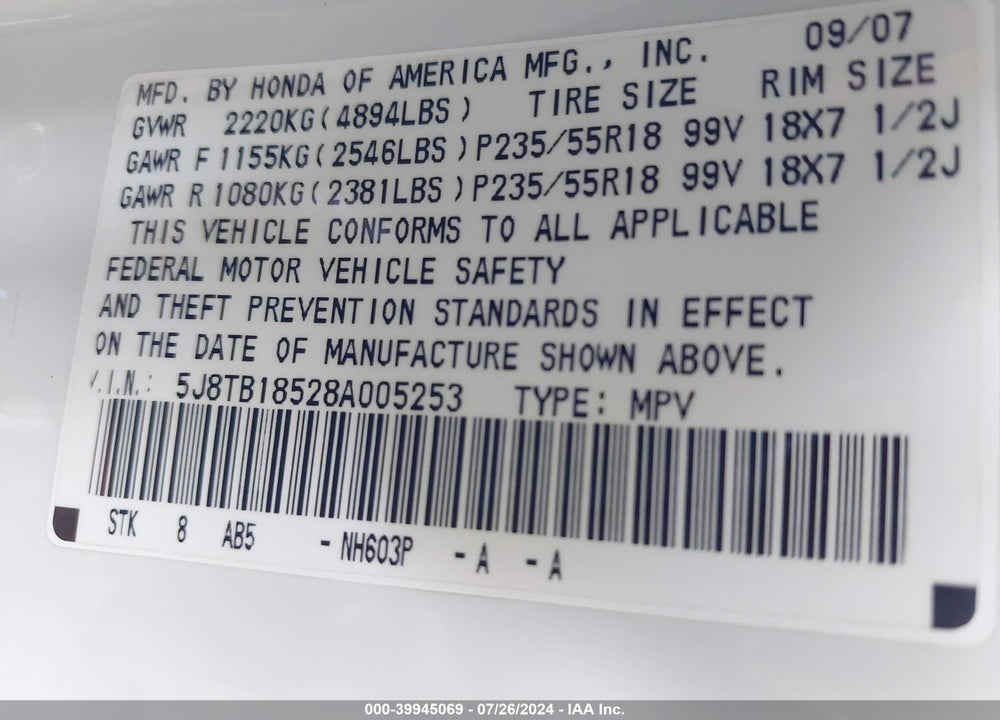 2008 ACURA RDX VIN: 5J8TB18528A005253