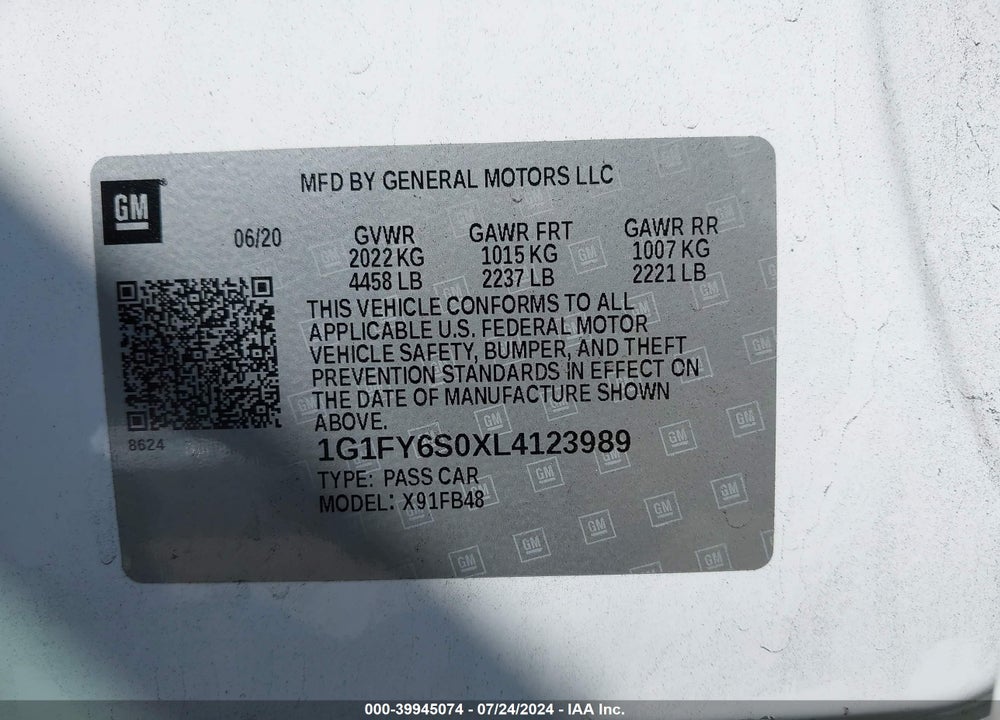 2020 CHEVROLET BOLT EV FWD LT VIN: 1G1FY6S0XL4123989