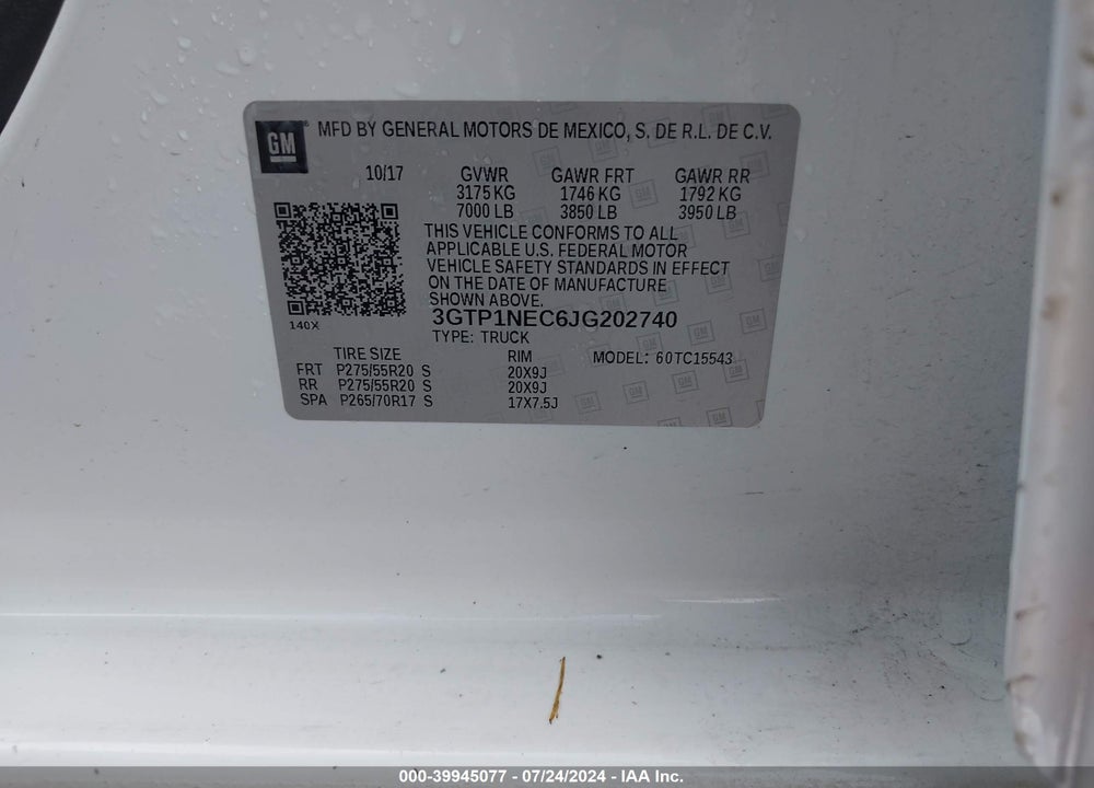 2018 GMC SIERRA 1500 SLT VIN: 3GTP1NEC6JG202740