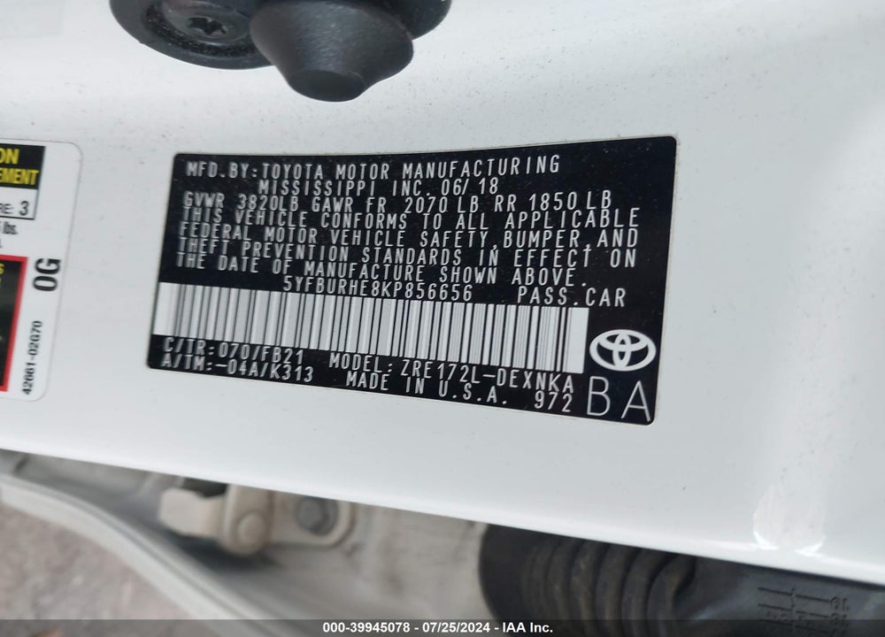 2019 TOYOTA COROLLA L/LE/SE/XLE/XSE VIN: 5YFBURHE8KP856656