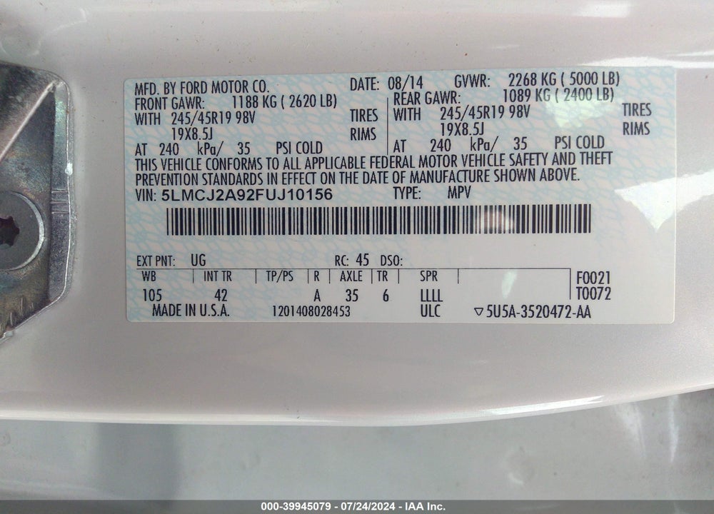2015 LINCOLN MKC VIN: 5LMCJ2A92FUJ10156