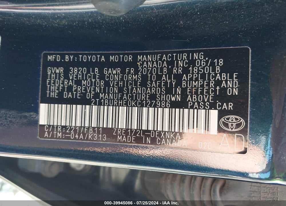 2019 TOYOTA COROLLA LE VIN: 2T1BURHE0KC127986