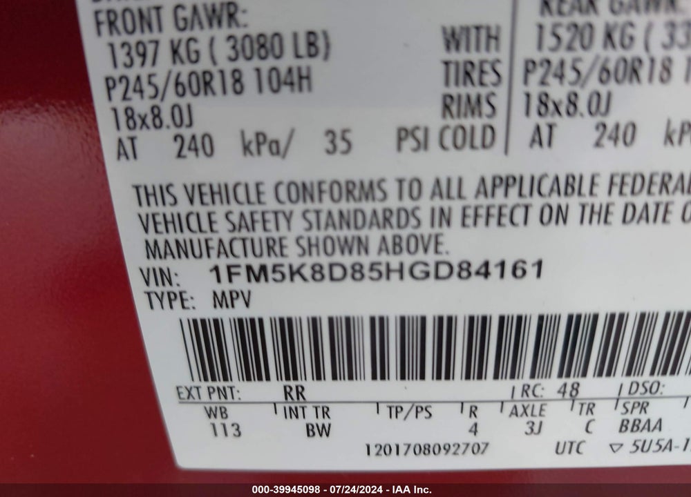 2017 FORD EXPLORER XLT VIN: 1FM5K8D85HGD84161