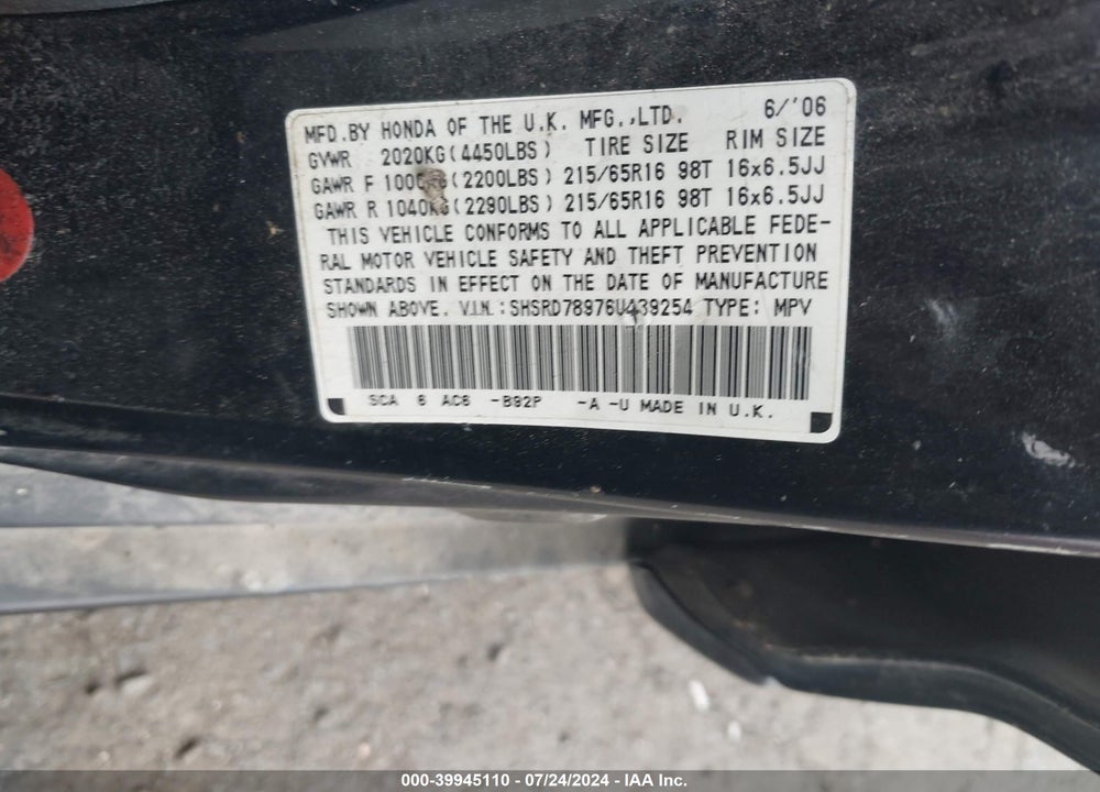 2006 HONDA CR-V SE VIN: SHSRD78976U439254