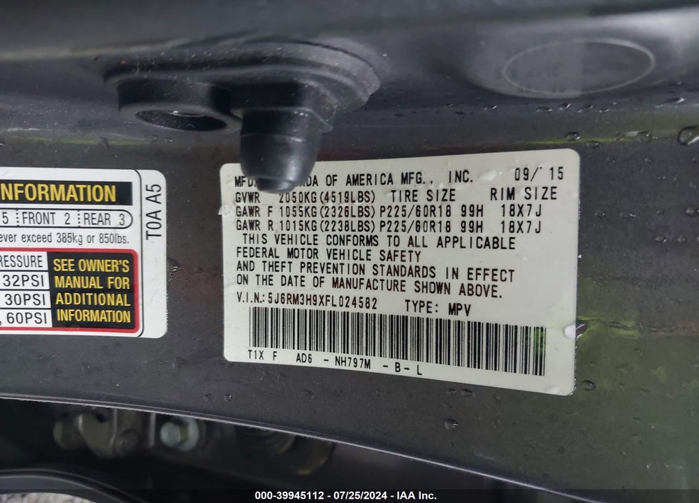 2015 HONDA CR-V TOURING VIN: 5J6RM3H9XFL024582