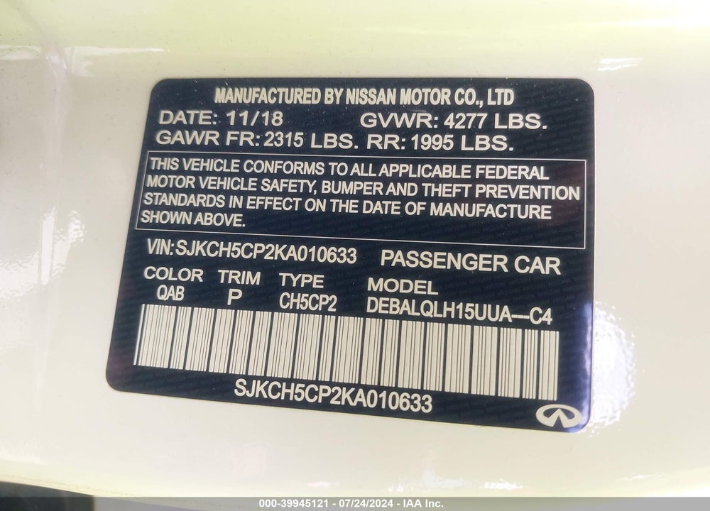 2019 INFINITI QX30 LUXE VIN: SJKCH5CP2KA010633