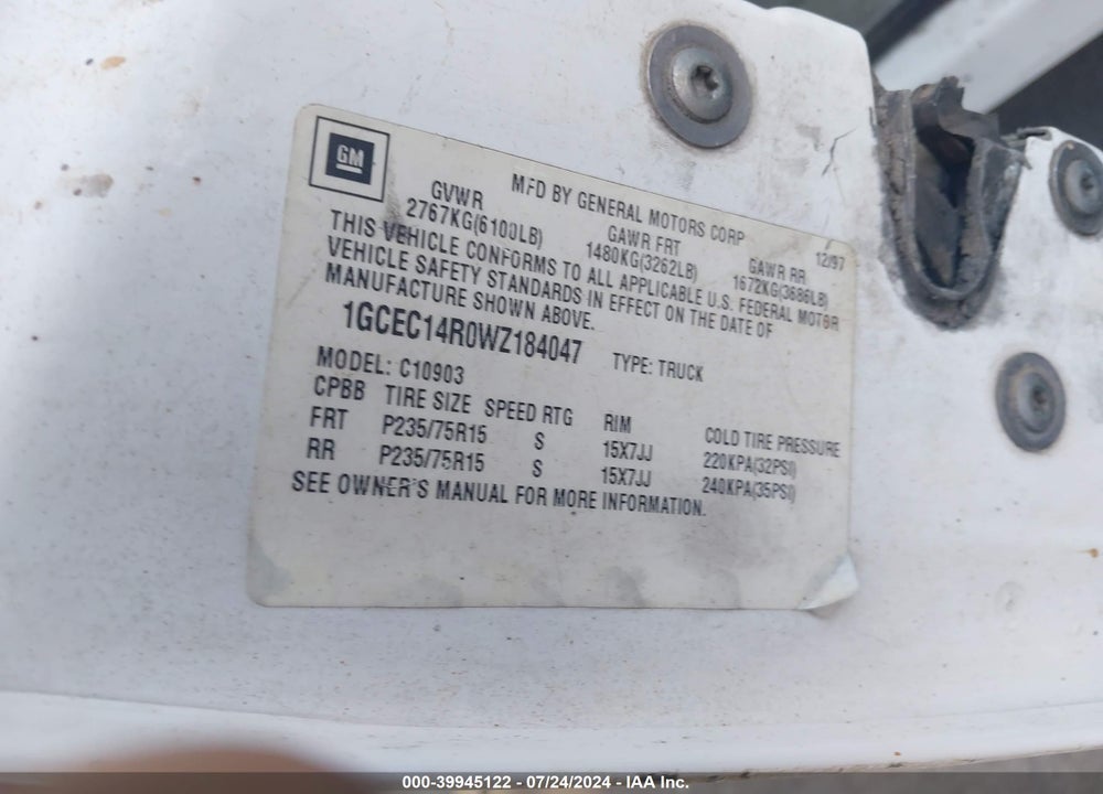1998 CHEVROLET C1500 FLEETSIDE VIN: 1GCEC14R0WZ184047