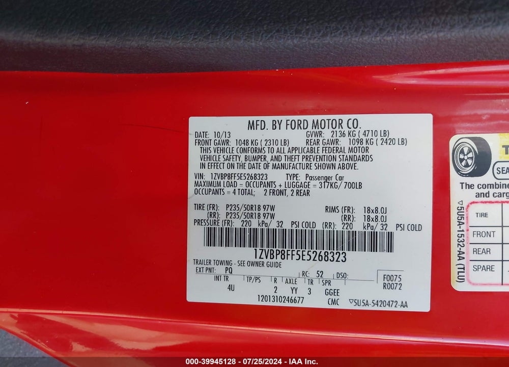 2014 FORD MUSTANG GT PREMIUM VIN: 1ZVBP8FF5E5268323