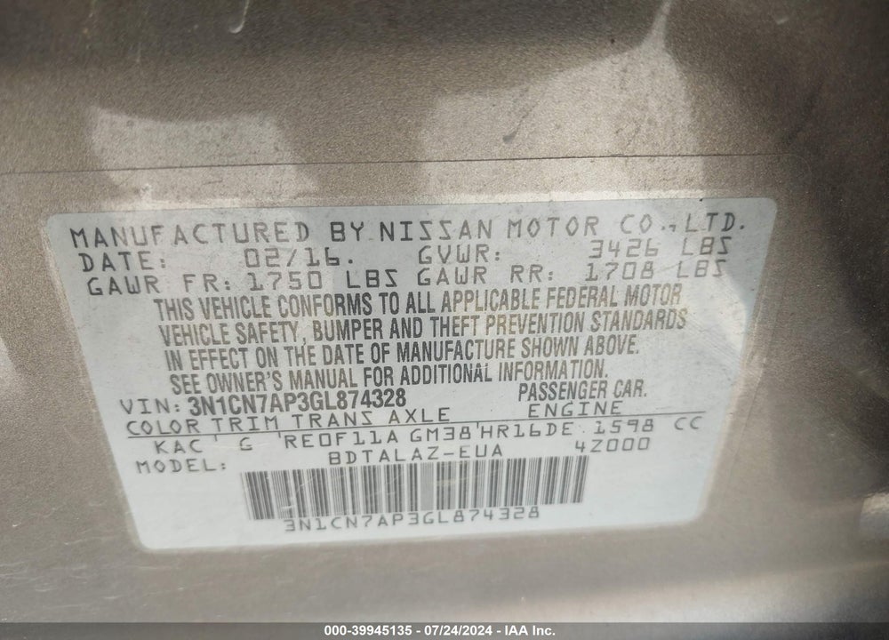 2016 NISSAN VERSA 1.6 S+ VIN: 3N1CN7AP3GL874328