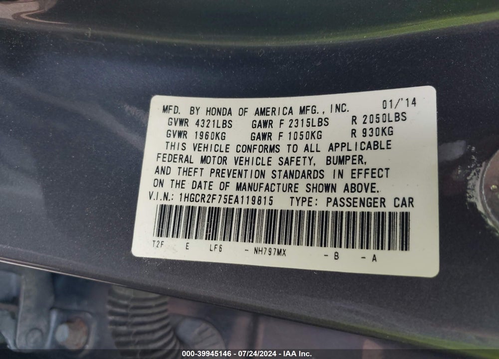 2014 HONDA ACCORD EX VIN: 1HGCR2F75EA119815