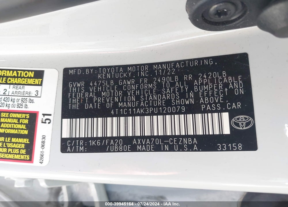 2023 TOYOTA CAMRY LE VIN: 4T1C11AK3PU120079
