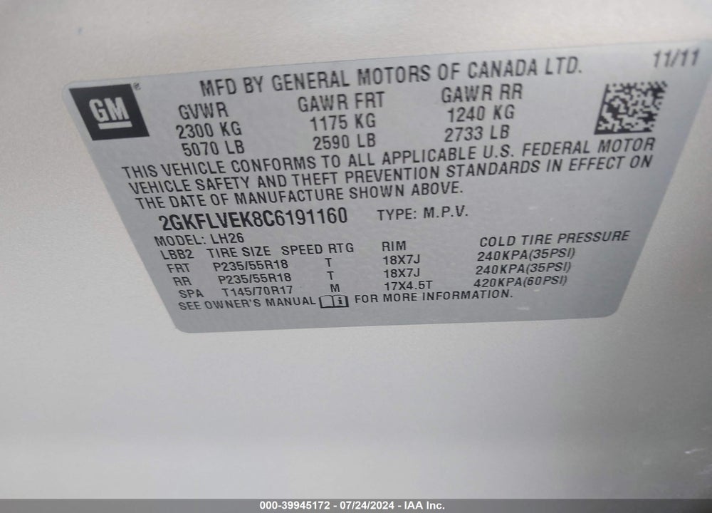 2012 GMC TERRAIN SLT-1 VIN: 2GKFLVEK8C6191160