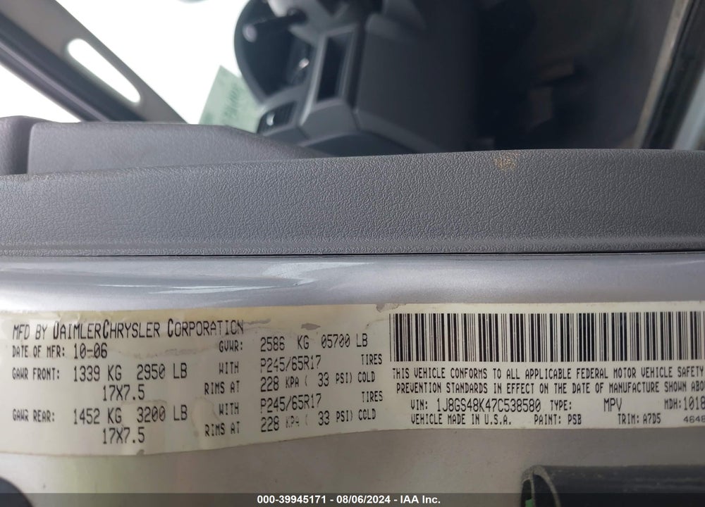 2007 JEEP GRAND CHEROKEE LAREDO VIN: 1J8GS48K47C538580