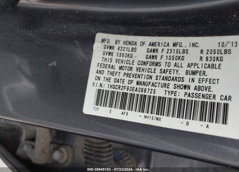 2014 HONDA ACCORD EX-L VIN: 1HGCR2F80EA066725