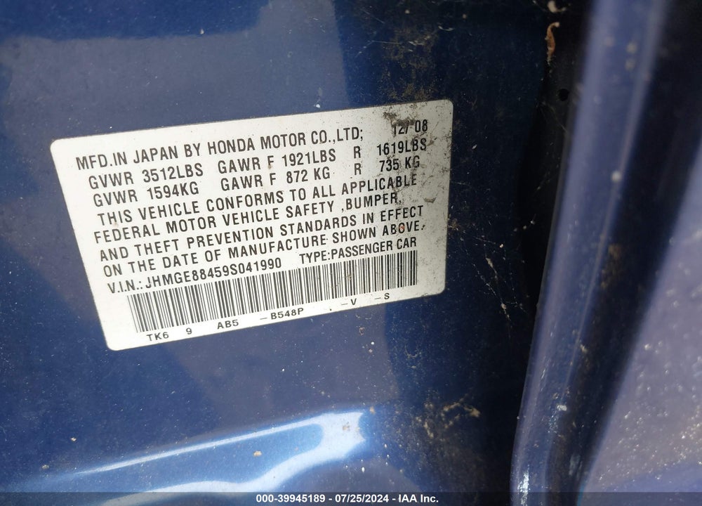 2009 HONDA FIT SPORT VIN: JHMGE88459S041990