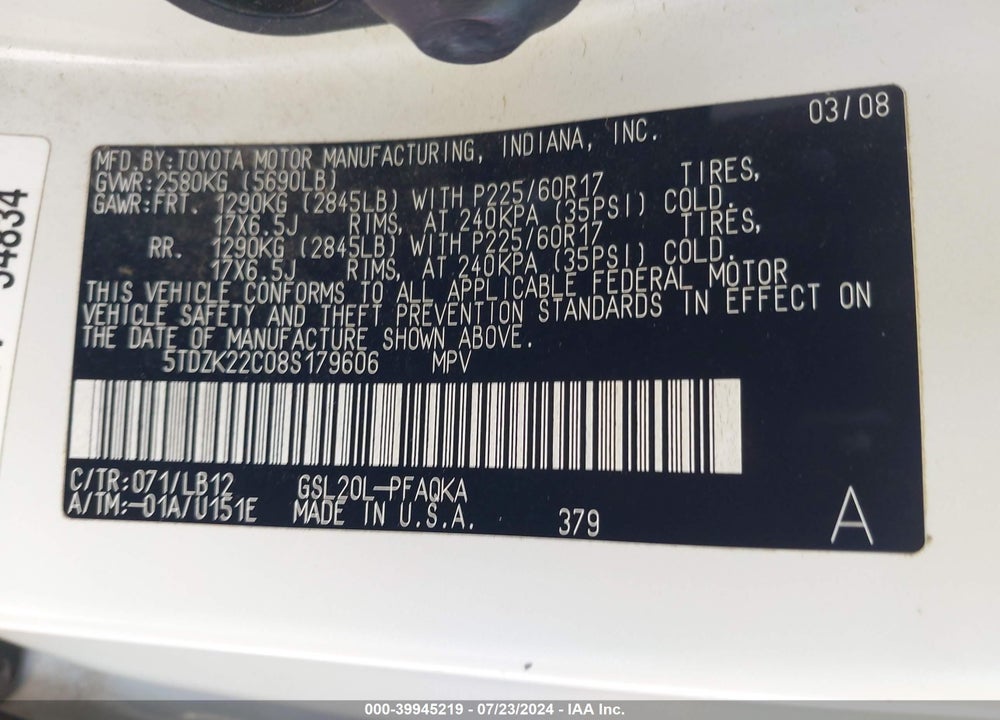 2008 TOYOTA SIENNA LIMITED/XLE VIN: 5TDZK22C08S179606