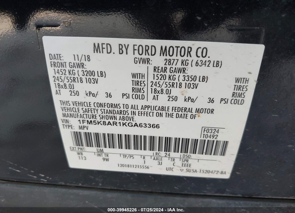 2019 FORD POLICE INTERCEPTOR UTILITY VIN: 1FM5K8AR1KGA63366