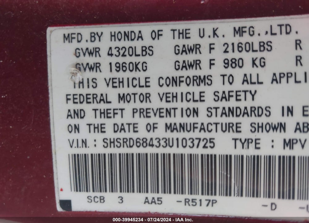 2003 HONDA CR-V LX VIN: SHSRD68433U103725