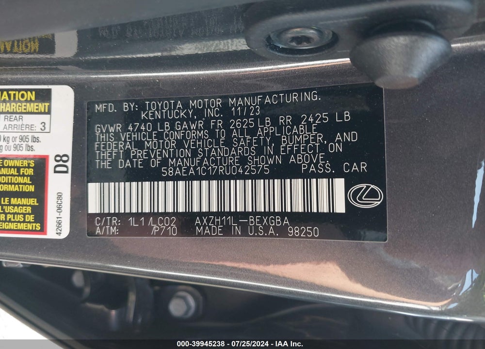 2024 LEXUS ES 300H LUXURY VIN: 58AEA1C17RU042575
