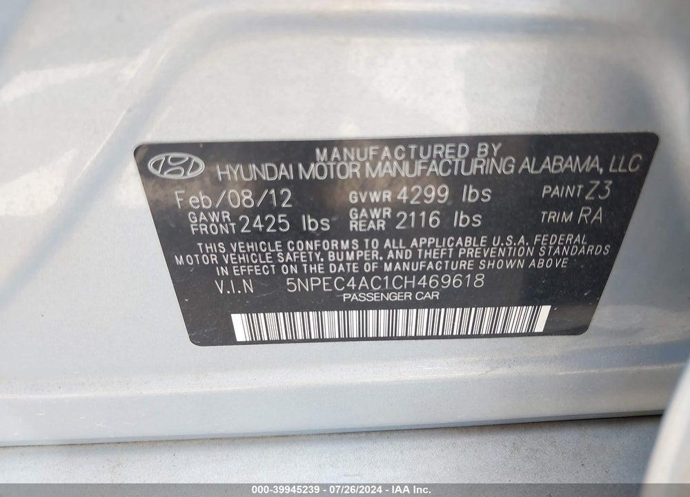 2012 HYUNDAI SONATA LIMITED VIN: 5NPEC4AC1CH469618