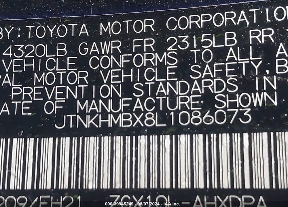 2020 TOYOTA C-HR LE VIN: JTNKHMBX8L1086073