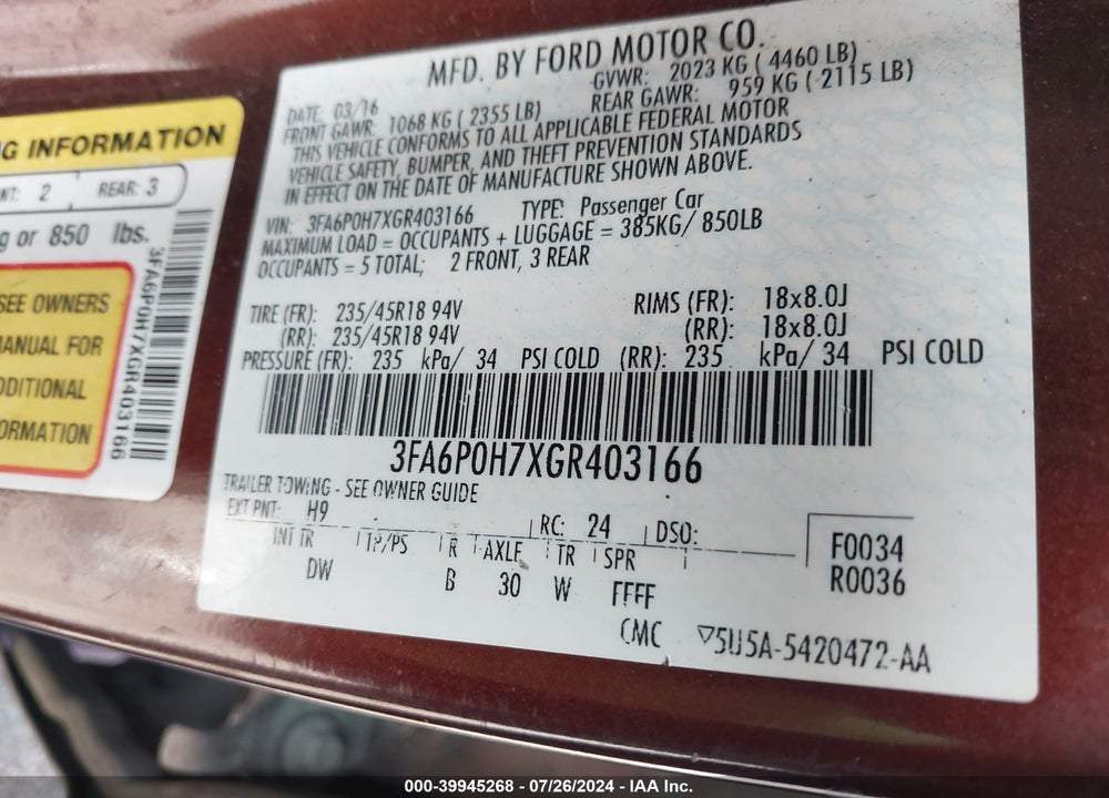 2016 FORD FUSION SE VIN: 3FA6P0H7XGR403166