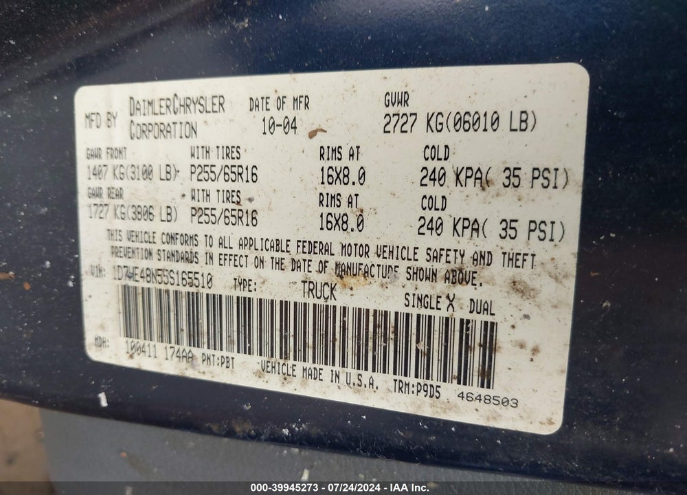 2005 DODGE DAKOTA SLT VIN: 1D7HE48N55S165510
