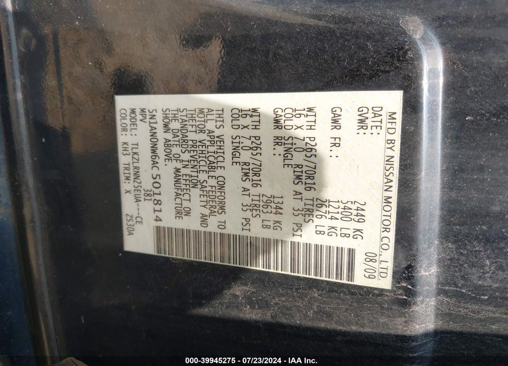 2010 NISSAN XTERRA S VIN: 5N1AN0NW6AC501814