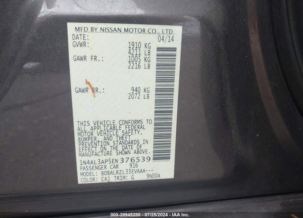 2014 NISSAN ALTIMA 2.5/2.5 S/2.5 SL/2.5 SV VIN: 1N4AL3AP5EN376539