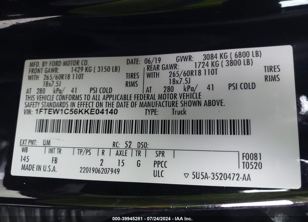 2019 FORD F-150 XLT VIN: 1FTEW1C56KKE04140