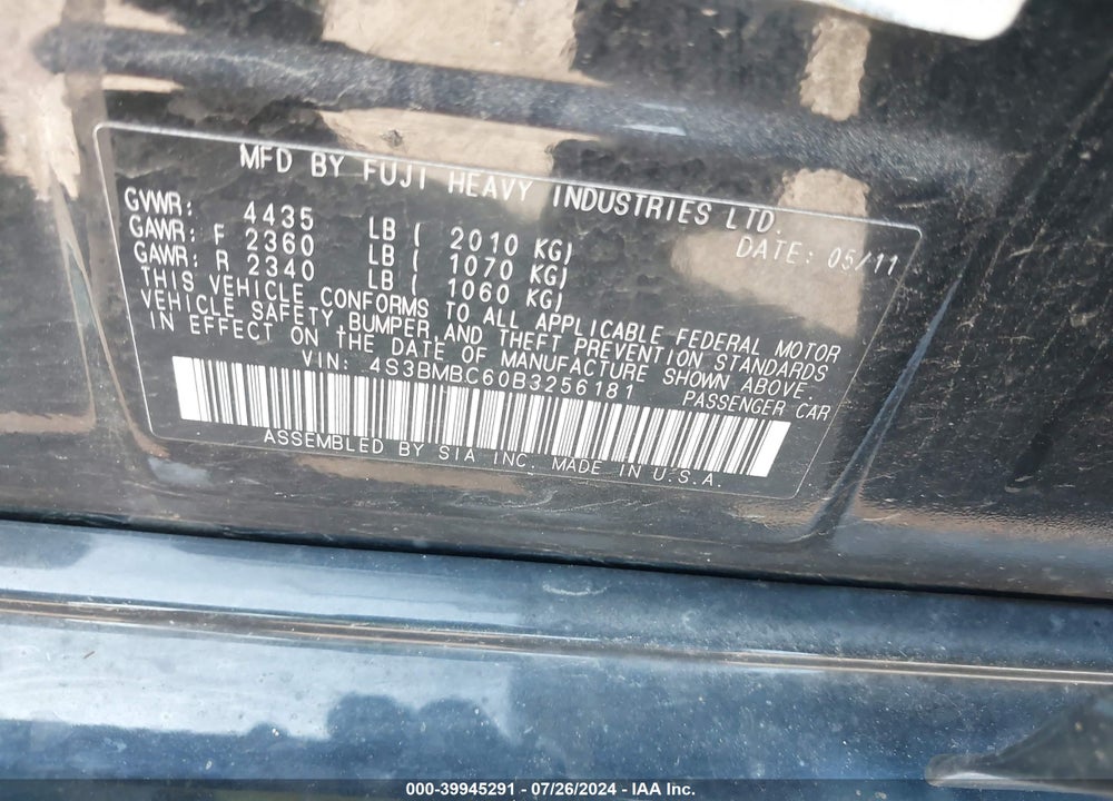 2011 SUBARU LEGACY 2.5I PREMIUM VIN: 4S3BMBC60B3256181