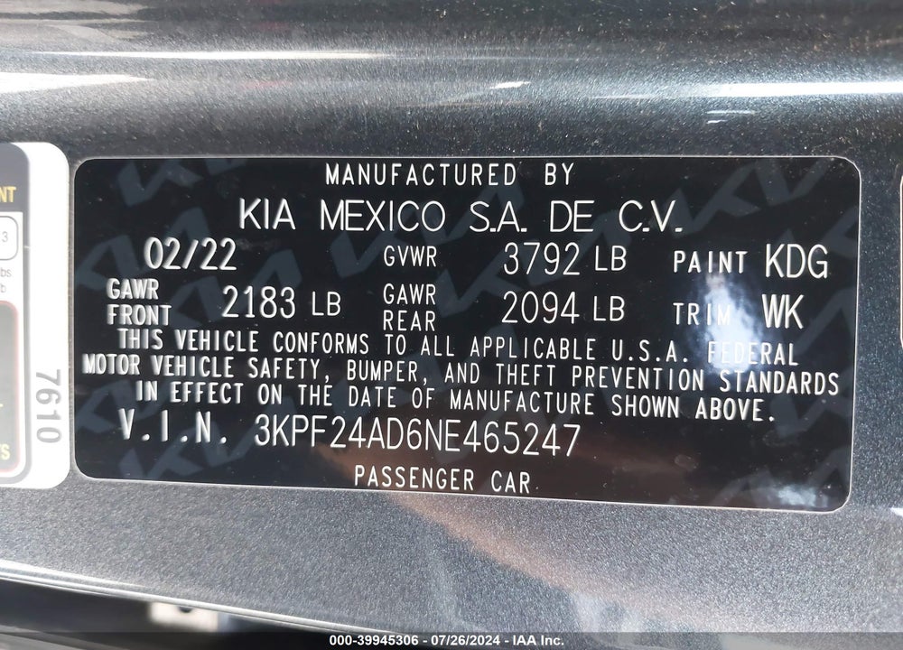 2022 KIA FORTE LXS VIN: 3KPF24AD6NE465247