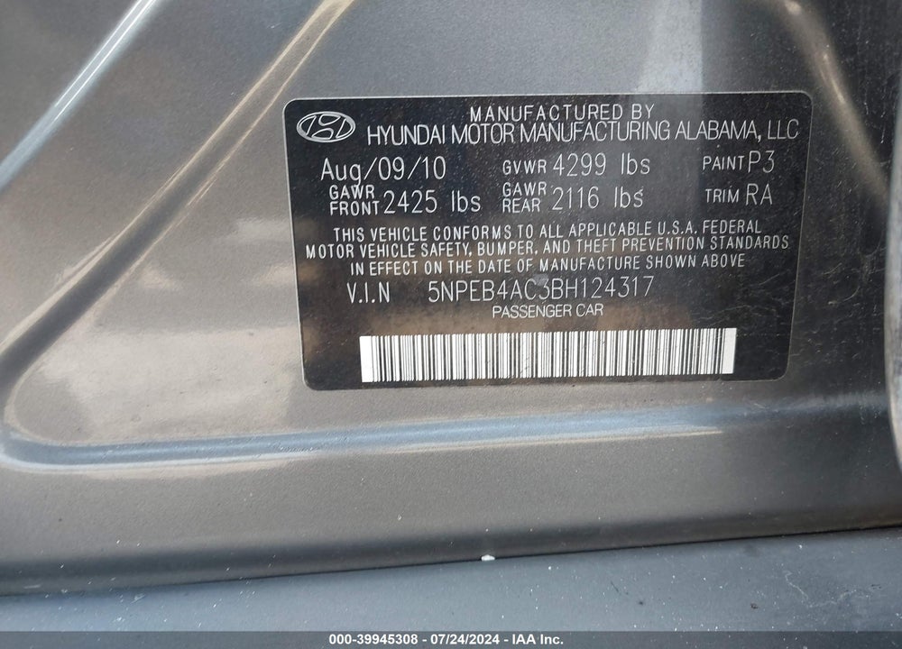 2011 HYUNDAI SONATA GLS VIN: 5NPEB4AC3BH124317